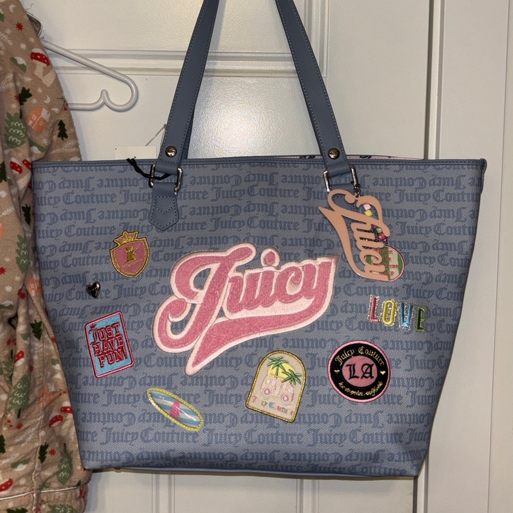 Juicy Couture Light Blue Patchwork Logo Tote with Pink Script